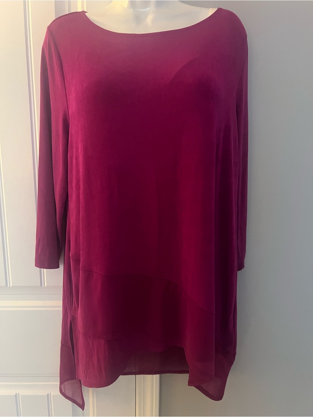 CHICOS TRAVELERS ASYMMETRICAL CHIFFON DETAILED FUSHIA TUNIC TOP SZ 2/Lg/12-14